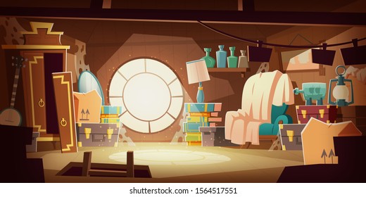 House Attic With Old Broken Furniture, Dust Flying In Air And Spider Web, Cartoon Vector Background. Attic Interior In Wooden House With Round Window Under Roof, Day Sunlight On Floor, Broken Wardrobe