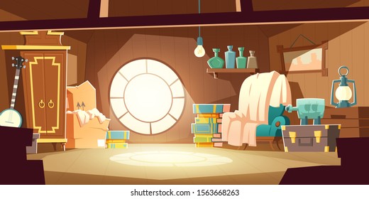 House attic with old furniture, cartoon vector background. Attic interior in wooden house with round window under roof, day sunlight on floor and retro furniture with wardrobe, chair, storage boxes