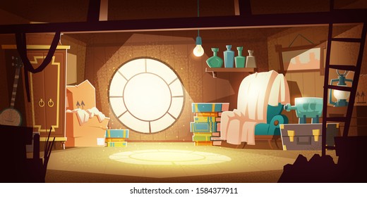 House attic with old furniture, dust flying in air, cartoon vector background. Attic interior in wooden house with round window under roof, day sunlight on floor, wardrobe, chair and storage boxes