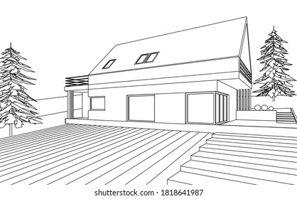 house with attic on relief 3d illustration