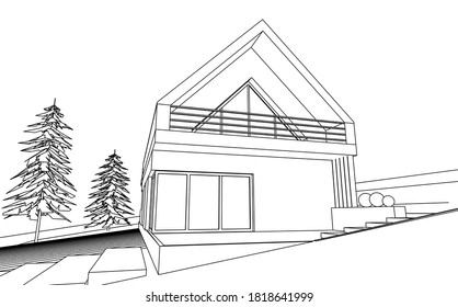 house with attic on relief 3d illustration