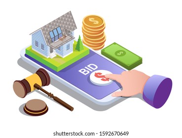 House auction online, vector illustration. Isometric smartphone with house on screen, finger tapping bid button. Home auction and bidding from mobile phone concept for web banner, website page etc