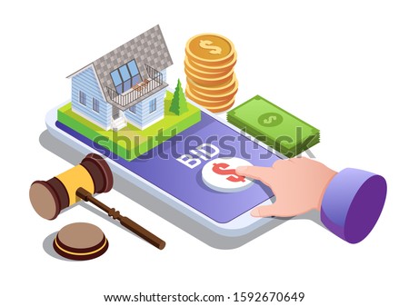 House auction online, vector illustration. Isometric smartphone with house on screen, finger tapping bid button. Home auction and bidding from mobile phone concept for web banner, website page etc