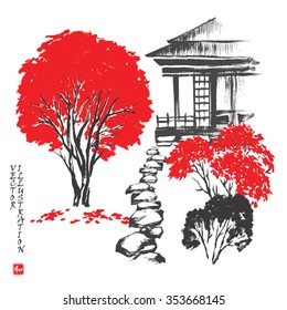 House in a autumn garden with a footpath. Vector illustration. Hieroglyph "harmony".