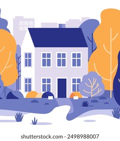 House in autumn park colorful trees modern residential area flat design
