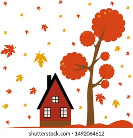 house and autumn tree drawn in vector graphics
