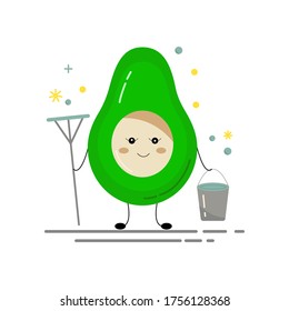 Сleaning the house. Avocado does the cleaning. Avocado holds a MOP and bucket. Creative design for card, banner, poster, sticker, logo, badge. Vector illustration flat cartoon style. 