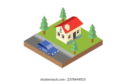 House with backyard and car.on white background.3D design.isometric vector design Illustration.