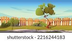 House backyard or cottage yard with paved stone path, green tree, bushes, grass lawn and wooden stockade fence. Summer landscape with home area for BBQ, village garden, Cartoon vector illustration