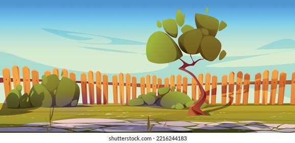 House backyard or cottage yard with paved stone path, green tree, bushes, grass lawn and wooden stockade fence. Summer landscape with home area for BBQ, village garden, Cartoon vector illustration