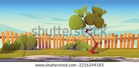 House backyard or cottage yard with paved stone path, green tree, bushes, grass lawn and wooden stockade fence. Summer landscape with home area for BBQ, village garden, Cartoon vector illustration