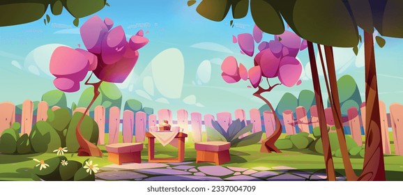 House backyard garden with fence in summer cartoon background. Outdoor patio exterior with sakura tree, table, chair and spring nature. Neighborhood landscape illustration with forest on sunny day