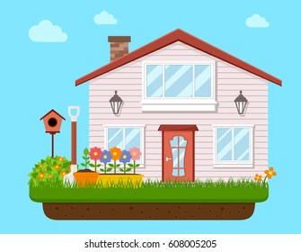 house backyard with garden flower. vector illustration for landscaping or garden work. concept garden icon