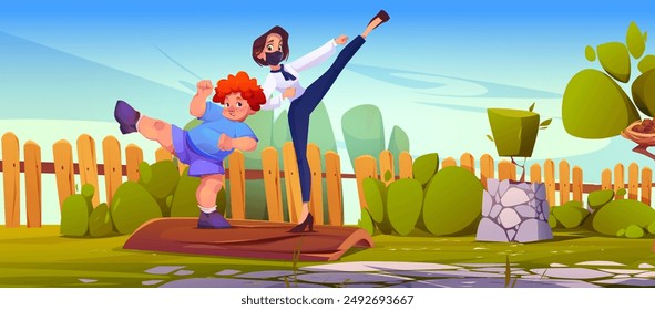 Casa jardín trasero y mujer taekwondo dibujos animados. Niño practicando judo afuera en el parque. Deporte marcial al aire libre en el patio. Acción de defensa en el tronco para luchar. Entorno de Naturaleza para karate en el patio trasero