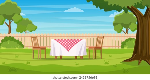 House backyard with green grass lawn, trees and bushes. Cartoon table and chairs garden modern furniture. Outdoor area for BBQ summer parties. Patio area. Vector illustration in flat style