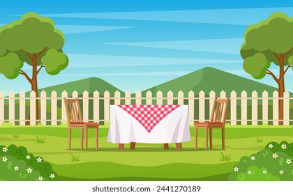 Casa patio trasero con césped verde, árboles y arbustos. Mesa de dibujos animados y sillas de jardín muebles modernos. Zona exterior para barbacoa de verano. Zona de patio. Ilustración vectorial en estilo plano