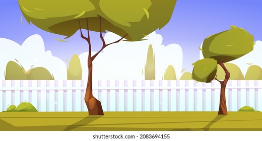 House backyard with green trees, bushes, grass lawn and white wooden fence. Summer cottage garden landscape, patio area for BBQ parties, empty home back yard cartoon background, Vector illustration