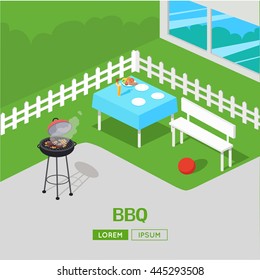 House backyard with grill. BBQ party vector illustration In isometric projection. Barbecue concept web banner. Family summer picnic on the grass outside the house. Dinner in the open air with meats.