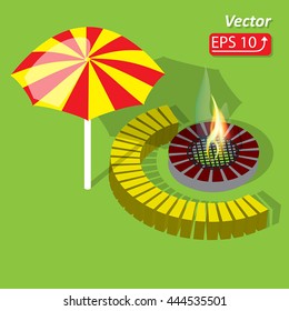 House backyard with grill on the green grass background Outdoor garden picnic. Isometric outdoor barbecue Invitation card on the barbecue Barbecue in patio vector illustration.