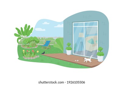 House Backyard Patio 2D Vector Web Banner, Poster. Outdoor Scenery. Suburban Dwelling. Home Garden Flat Scene On Cartoon Background. Spring Season Printable Patch, Colorful Web Element