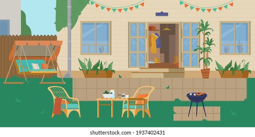 House Backyard Or Patio With Grill, Garden Swing, Garden Wicker Furniture. Flat Vector Illustration.