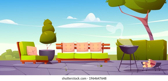 House backyard, patio with sofa, armchair and cooking grill for bbq. Green lawn, couch, chair, trees and garden fence on back yard. Vector cartoon summer landscape with furniture for barbeque party