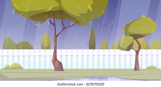 House backyard at rainy weather, home back yard at rain with green trees, bushes, puddles at grass lawn and white wooden fence. Cottage garden landscape, patio cartoon background, Vector illustration