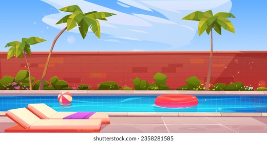 House backyard with swimming pool vector illustration. Villa poolside for summer vacation with chair, fence, palm tree, inflatable ball and lifebuoy. Outdoor tropical resort area environment