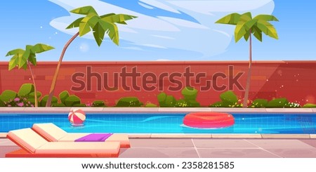 House backyard with swimming pool vector illustration. Villa poolside for summer vacation with chair, fence, palm tree, inflatable ball and lifebuoy. Outdoor tropical resort area environment