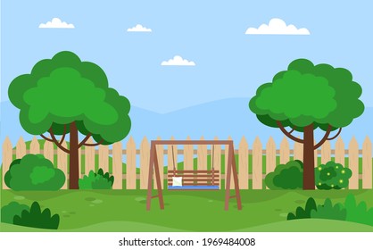 House backyard with trees, bushes, lawn, flowers. Relax zone with swing. Vector illustration in flat style.