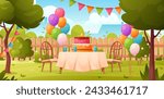 House backyard. Vector illustration of celebration children birthday with colorful balloons, party cake, candles, flags, garden table and chair. Spring or summer garden landscape. Birthday parties