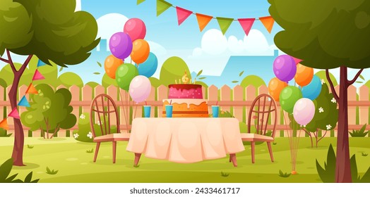 Casa patio trasero. Ilustración vectorial de celebración de cumpleaños de niños con globos de colores, pastel de fiesta, velas, banderas, mesa de jardín y silla. Paisaje de jardín de primavera o verano. Fiestas de cumpleaños