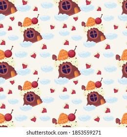 House baking with cherry on the roof and cream, among clouds and hearts, Seamless illustration pattern in the style of flat cartoon, for decoration design