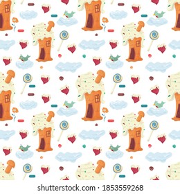 House baking cupcake, among clouds of hearts and candy, Seamless illustration pattern in flat cartoon style, for decoration design