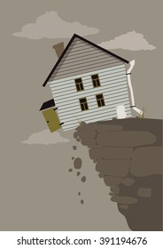 House balancing on the edge of a crumbling cliff, EPS 8 vector illustration