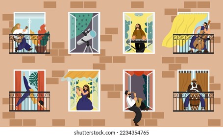 House balcony. People social distancing. Coronavirus city quarantine. Family in windows. Neighbors play music in apartments. Home yoga workout. Vector current neighborhood illustration