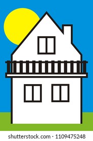 House and balcony, vector icon, white cottage and black contour, at background sky with sun