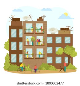 House Balcony With Woman And Man Characters Outside, Building Window In City, Vector Illustration. People Characters At Home Apartment During Quarantine. Cartoon Neighborhood Background.