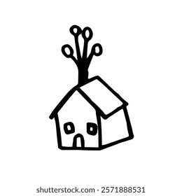 House with balloons in doodle style isolated on white background. Signature icon. Vector outline illustration. Can be used as icon or symbol. Decoration element. Hand drawn black sketch.
