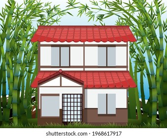 A house in bamaboo forest scene illustration