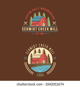 House barn farm forest creek mill tree saw logo logotype badge icon illustration template