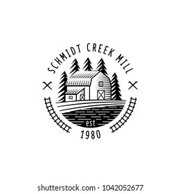 House barn farm forest creek mill tree saw logo logotype badge icon illustration template