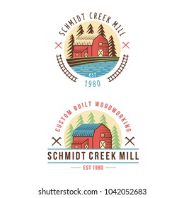 House barn farm forest creek mill tree saw logo logotype badge icon illustration template