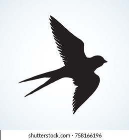 House barn martins on light sky backdrop. Dark ink hand drawn pictogram in art retro contour print style. Closeup view with space for text