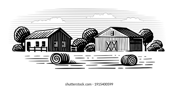 House with barn and trees. Farm Landscape retro Sketch with hay. Rural Fields and Buildings. Drawing country theme.