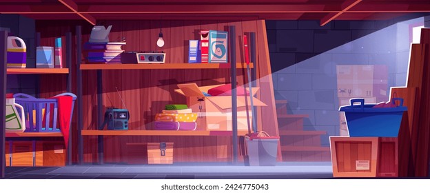 House basement room interior with storage cardboard boxes, housekeeping equipment and detergent on shelf. Cartoon vector illustration of home cellar storeroom with staircase and light from window.