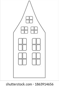 House with basement, windows and attic window - vector linear illustration for coloring. Outline. Cute old Dutch house for coloring book. European classical architecture.