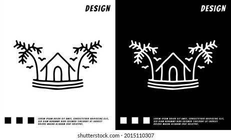 house, beach and coconut tree design in hipster style. illustration for t shirt, poster, logo, sticker, or apparel merchandise.