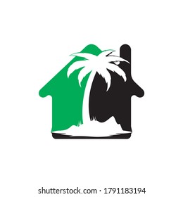 House and the beach with palm tree vector logo design. Beach house logo design.