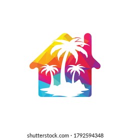Haus und Strand mit Palmen, Vektorgrafik-Design. Logo-Design des Strandhauses.